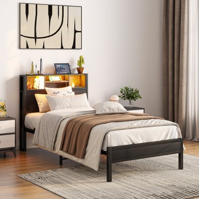 Platform Bed, Metal Wood Frame with LED Headboard Storage & USB Charging, No Box Spring Required - Baofuwish