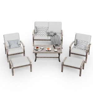 HAPPATIO 6 Piece Aluminum Patio Furniture Set, Outdoor Chairs with Ottomans and Loveseat, Outdoor Sofa with Cushions and Coffee Table(Gray) - 1 of 4