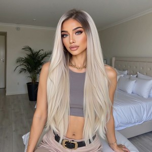 Jessie's Wig 30 Inch Long Straight Wig Side Part Synthetic Hair 13x3.5 Lace Wigs Ombre Blonde With Dark Root 1 Pc/Pack - 1 of 4