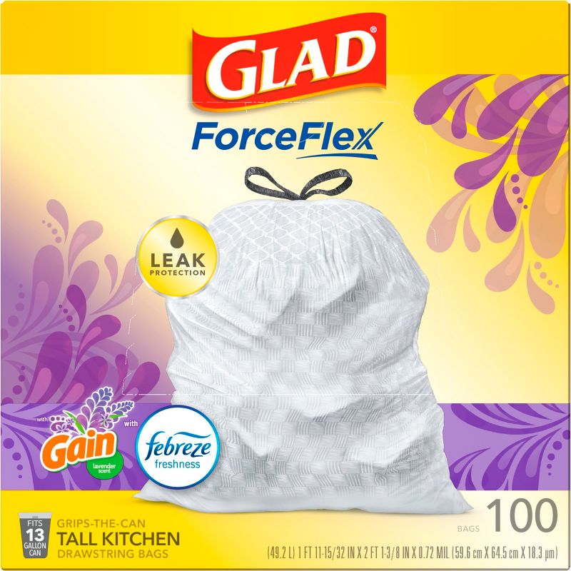 Glad ForceFlex Tall Kitchen Drawstring Trash Bags - Febreze Lavender - 13 Gallon, 5 of 11