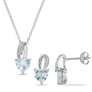 EVERLY JEWELRY | Sterling Silver 1 4/5 CT TGW Heart-Cut Aquamarine and Diamond Accent Pendant with Chain and Stud Earrings Set - 1 of 4