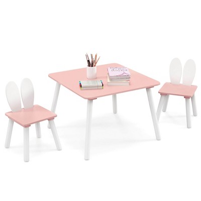 Tangkula 3 Pieces Kids Table & Chairs Set Children Wooden Furniture Set w/ Solid Wood Legs Pink