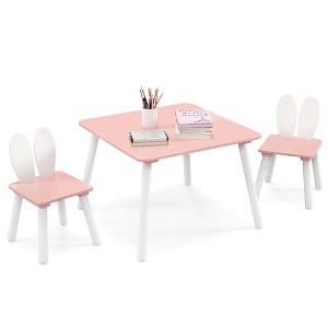 Tangkula 3 Pieces Kids Table & Chairs Set Children Wooden Furniture Set w/ Solid Wood Legs Pink - 1 of 4
