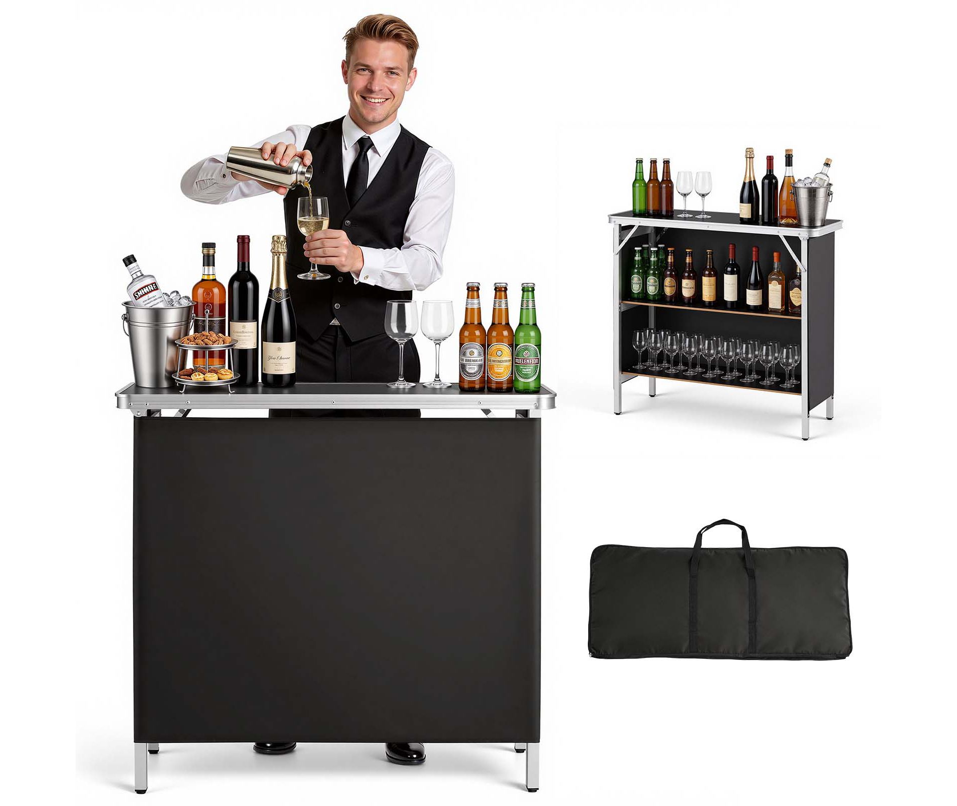 VEVOR Folding Portable Bar Table, 38.6 x 15.2 x 34.3 in, with Carry Bag, Storage Shelf, and Detachable Skirt, Quick and Easy Setup, Foldable, Black