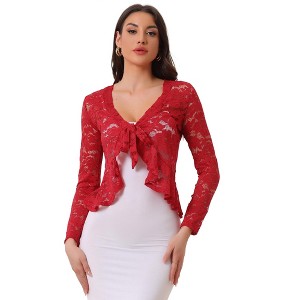 INSPIRE CHIC Women's Tie Front Ruffled Hem Floral Lace Sheer Crop Bolero Shrug - 1 of 4