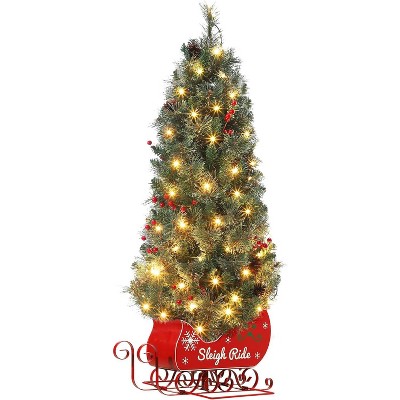 Christmas Tree with 85 Lights, Pre-Lit Artificial Mini Christmas Tree with 8 Mode Includes Red Berries & Sleigh Base for Front Door, Porch