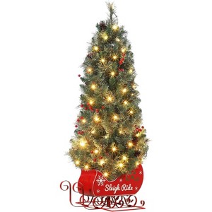 Christmas Tree with 85 Lights, Pre-Lit Artificial Mini Christmas Tree with 8 Mode Includes Red Berries & Sleigh Base for Front Door, Porch - 1 of 4