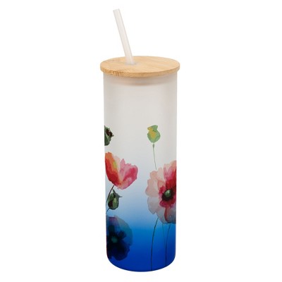 Elanze Designs Pretty Poppy Red Flower Garden Wrap-Around Design 25 Ounce Frosted Gradient Glass On-The-Go Coffee Travel Skinny Tumbler Mug Cup,