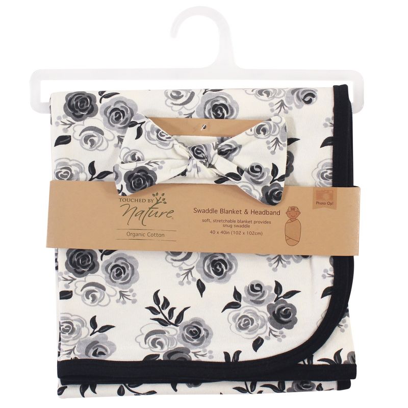 Touched by Nature Baby Girl Organic Cotton Swaddle Blanket and Headband or Cap, Black Floral, One Size, 2 of 6