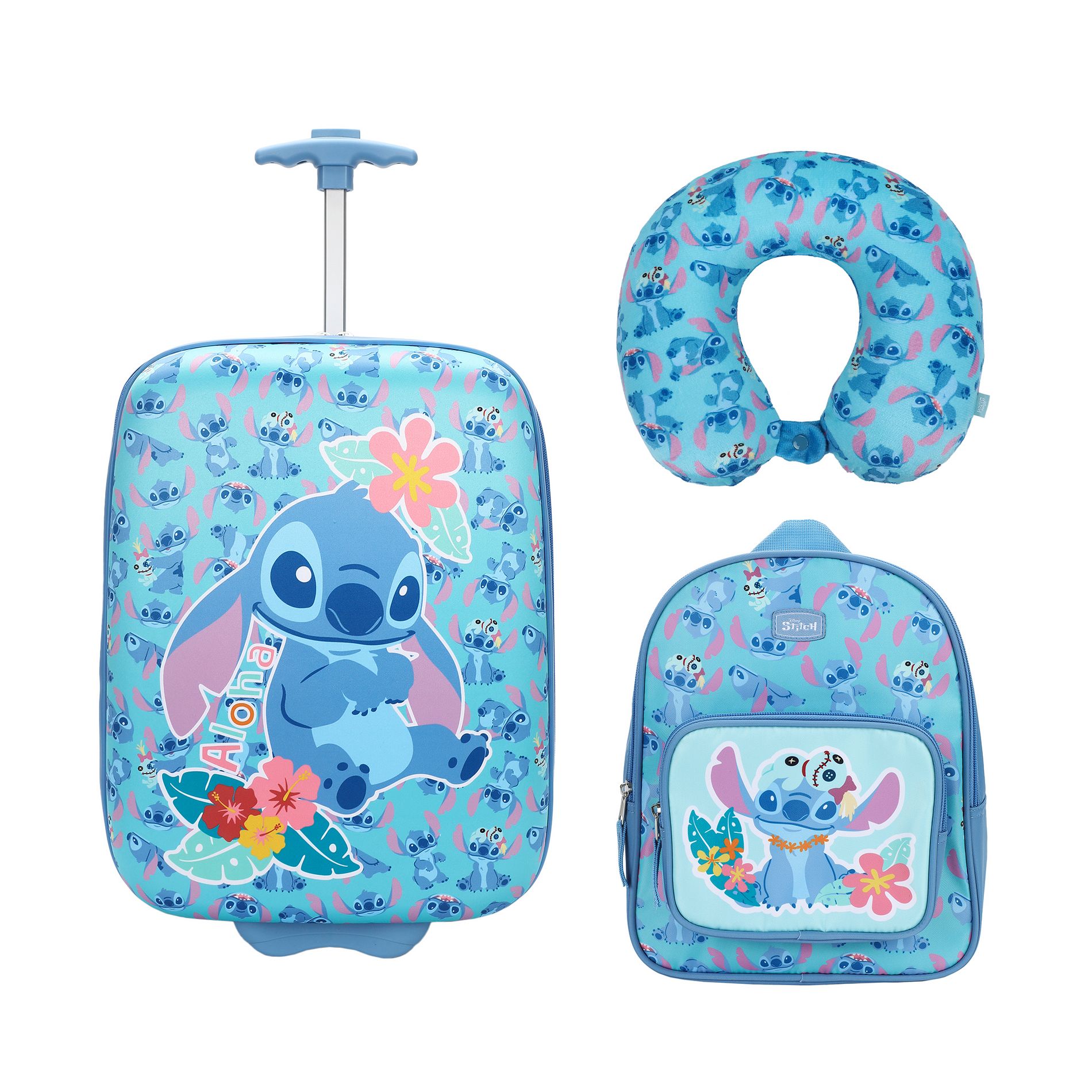 Lilo & Stitch Kids' 3-Piece Travel Set With Luggage, Backpack, and Neck Pillow