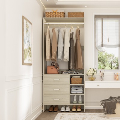 Aheaplus 30'' Freestanding Closet Organizer with Hanging Rods and Drawers, Closet System with Storage Shelves