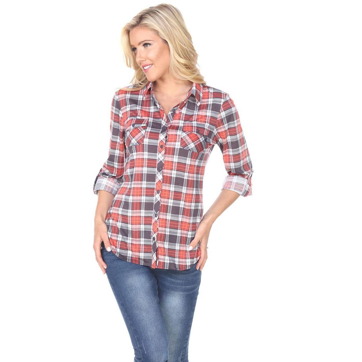 Women's Oakley Stretchy Plaid Tunic Top with Pockets - White Mark - thumbnail 8