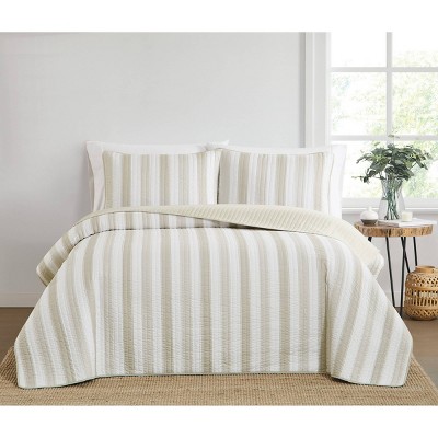Truly Soft 3pc Full/Queen Aiden Striped Quilt Set Beige
