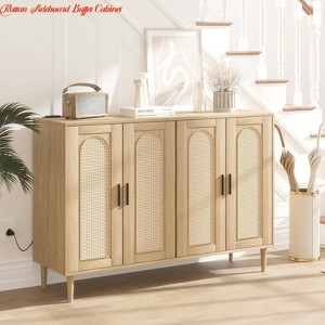 Dining Room Modern Natural Rattan Sideboard, 4-Door Buffet Cabinet with Power Outlet & Adjustable Shelves, Versatile Storage Solution - 1 of 4