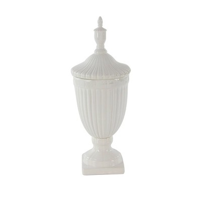 26" White Ceramic Tall Fluted Urn Vase with Lid