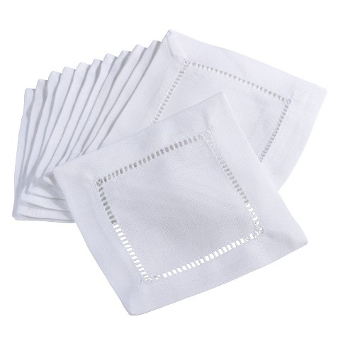 Hemstitched Linen Blend Cocktail Napkins (Set of 12) - On Sale