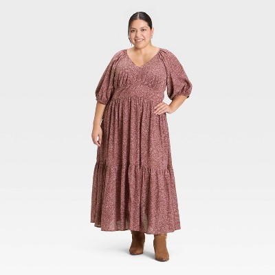 Women's Puff Elbow Sleeve Printed Maxi A-Line Dress - Universal Thread™ Mauve