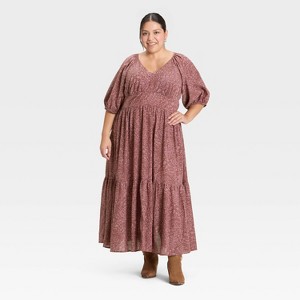 Women's Puff Elbow Sleeve Printed Maxi A-Line Dress - Universal Thread™ Mauve - 1 of 3