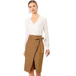 Allegra K Women's Vintage Button Decor Belted Split Front Knee Length Pencil Skirt - 1 of 4