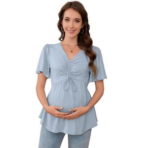 Coolmee Women's Short Sleeve V Neck Tops Blouses Ruffle Hem Tie Front Crop Summer Tops - 1 of 4