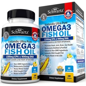 Omega 3 Fish Oil Softgels, 1200mg EPA and 900mg DHA Fatty Acid, Supports Joint, Eyes, Brain & Skin Health, Burp-less Lemon Flavor, Bioschwartz, 180ct - 1 of 4