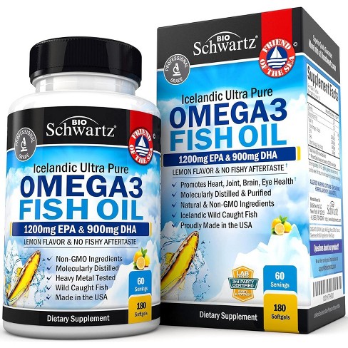 Omega 3 Fish Oil Softgels, 1200mg EPA and 900mg DHA Fatty Acid, Supports Joint, Eyes, Brain & Skin Health, Burp-less Lemon Flavor, Bioschwartz, 180ct - image 1 of 4