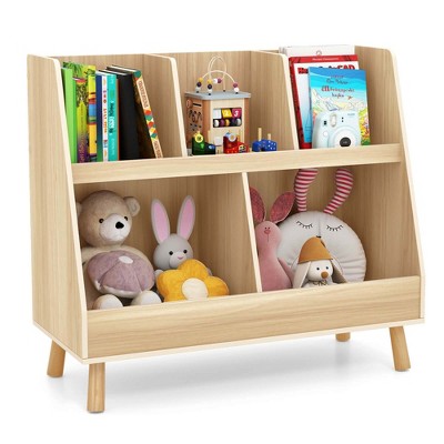 Costway 5-Cube Kids Bookshelf and Toy Organizer Wooden Storage Bookcase with Wood Legs Beige