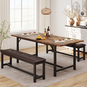 CuisinSmart 3 Pcs Wood Dining Table Set for 4-6 with Metal Frame, 47"-63" Large Rectangle Extendable Kitchen Table with 2 Upholstered Benches - 1 of 4