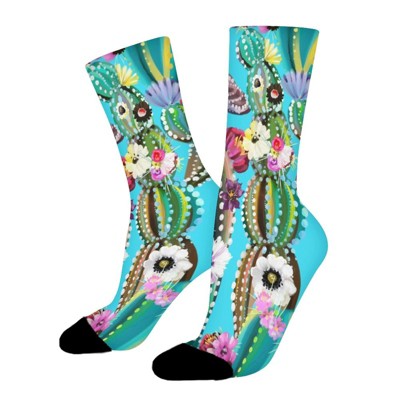 Blooming Cactus Women Printed Crew Socks Funny Funky Socks Soft Polyester Novelty Gifts for Artists Men