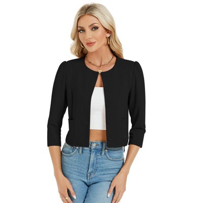 Coolmee Women's 3/4 Sleeve Cropped Coat Lightweight Notch Collar Blazer Jacket Business Casual