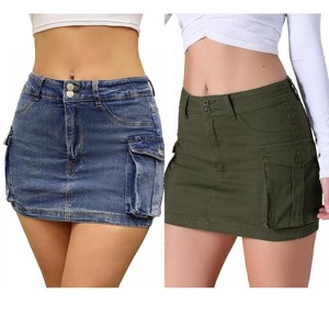 INSPIRE CHIC Women's Stretch Y2K Flap Pockets Button Bodycon Mini Cargo Denim Skirt 2 Packs - 1 of 4