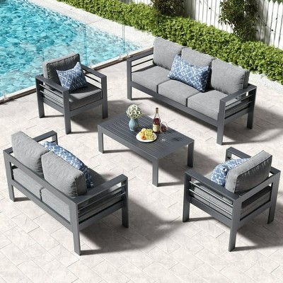 LayinSun Outdoor Aluminum Furniture Set, 5 Pieces Patio Sectional Conversation Chat Sofa Modern Seating Set with Coffee Table