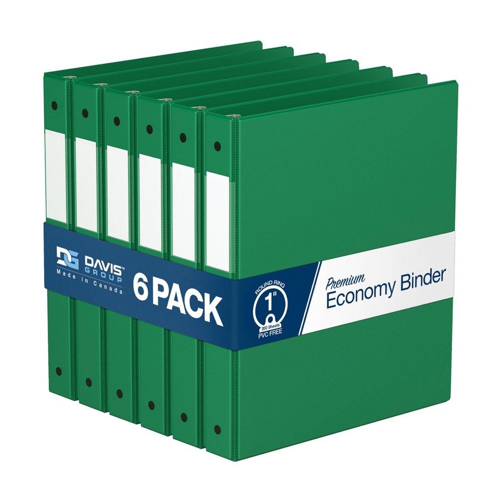 Photos - File Folder / Lever Arch File Davis Group 6pk 1" Premium Economy Round Ring Binders Green: Hard Cover, 200 Sheet Capacity, 2 Pockets, Polypropylene