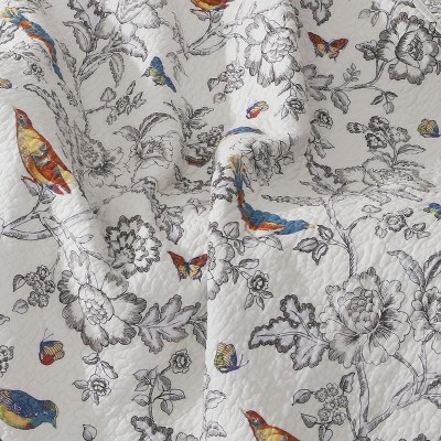 French Toile Inspired Reversible Cotton Quilted Throw in Grey