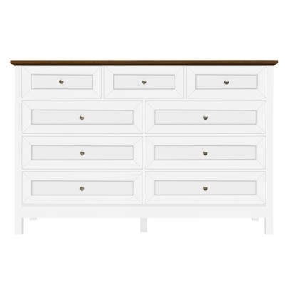 Wood Rustic 9-Drawer Storage Dresser with Silver Handles White Bedroom Cabinet