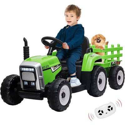 12V Kids Electric Tractor with Trailer, Battery Powered Ride-On Car for Toddlers 3-6, Remote Control, 7 LED Headlights, 2+1 Gear Shift