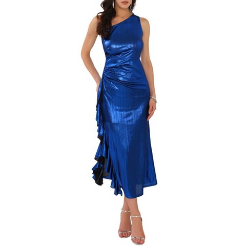 Женские платья INSPIRE CHIC Women's One Shoulder Sparkly Ruched Ruffle Bodycon Cocktail Maxi Dress Blue XX-Large