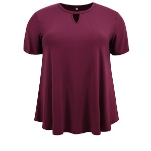 Women's Plus Size Keyhole V Neck Short Sleeve Swing Casual Knit Blouses - GRACE & GRANDEUR - 1 of 4