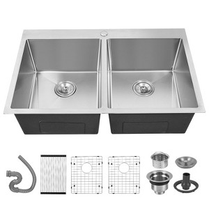 Kitchen Sink, Stainless Steel Sink - 33x22 Inch 50/50 Double Basin, 16 Gauge T-304 Topmount/Undermount Workstation with Strainers & Accessories - 1 of 4