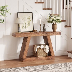 Farmhouse Console Table, 2-Tier Wooden Trapezium Sofa Table with Open Storage Shelf, Industrial Entryway Furniture for Entrance, Hallway, Living Room - 1 of 4