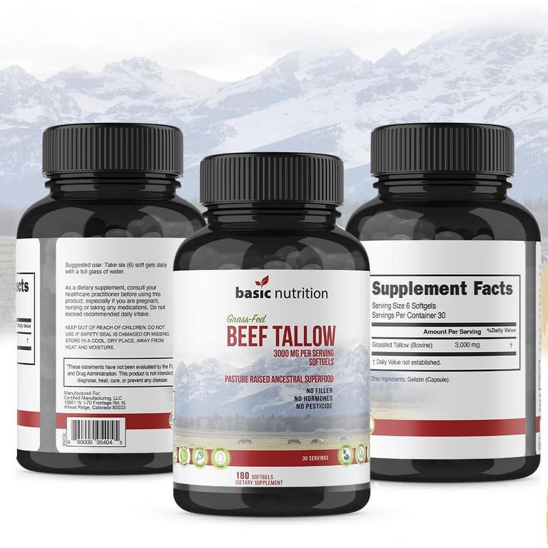 Basic Nutrition Grass-Fed Beef Tallow Dietary Supplement Softgels, Vitamin-Rich Superfood, No Hormones, No Pesticides, For Immune Support, 5 of 8
