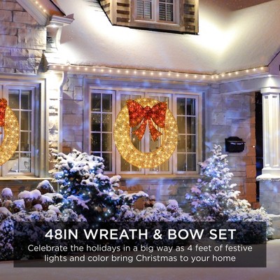 48-Inch Gold and Red Pre-Lit Outdoor Christmas Wreath with LED Lights