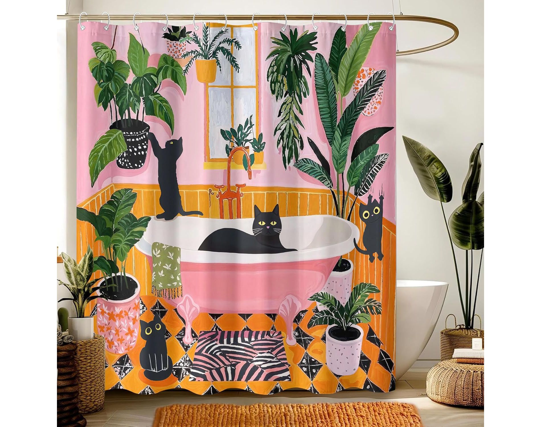 Funny Cat Shower Curtain Boho Cute Fun Black Cats Matisse Shower Curtains for Bathroom Curtain Decor 70.8x70.8 Inch