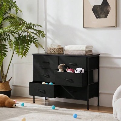 SKRAN Dresser For Bedroom,6 Storage Drawers,Fabric Closet Chests Organizer Tower Furniture With Wooden Top Metal Frame For Clothes,Guest Room,Black