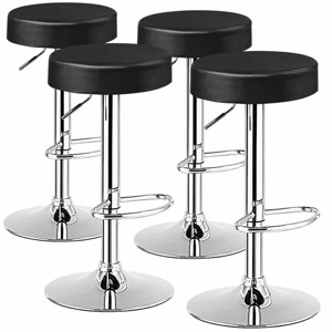 Tangkula Black Round Bar Stool Set of 4 Adjustable Swivel Pub Chair U Leather With Footrest - 1 of 4