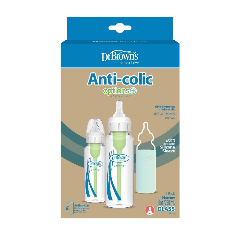 Dr. Brown&#39;s 8oz Anti-Colic Options+ Narrow Glass Baby Bottle with Level 1 Slow Flow Nipple &#38; Silicone Sleeve - 2pk, 3 of 20