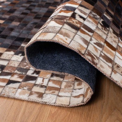 Hand-Stitched Geometric Beige & Brown Cowhide Area Rug