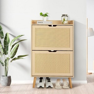 Woven Rattan 2-Tier Shoe Cabinet, Narrow 9.25-Inch Depth with Flip-Drawers & Anti-Tip Design, Holds 12-18 Pairs - 1 of 4