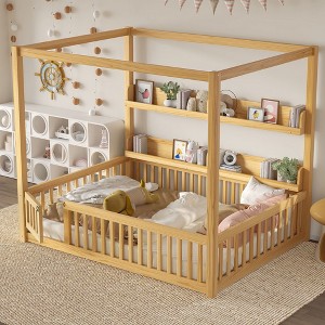 Okak Twin/Full Size Canopy Bookcase Beds with Storage Shelves & Guardrails,Solid Wood Bed Frame for Teens,No Spring Box Needed - 1 of 4