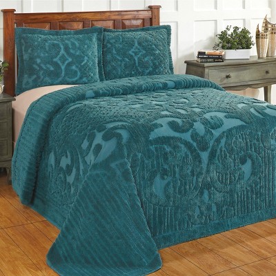 Teal Full Cotton Chenille Textured Scrolling Bedspread